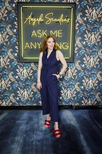 Angela Scanlon wearing Banshee of Saville Row's electric blue pinstripe suit on her TV show, 'Ask Me Anything'.