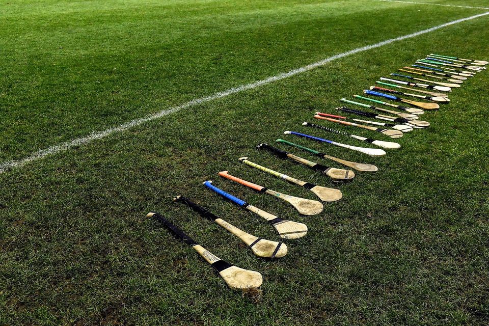 12 February 2020; A general view of hurls on the sideline before the Fitzgibbon Cup Final match between UCC and IT Carlow at Dublin City University Sportsgrounds in Glasnevin, Dublin. Photo by Piaras Ó Mídheach/Sportsfile