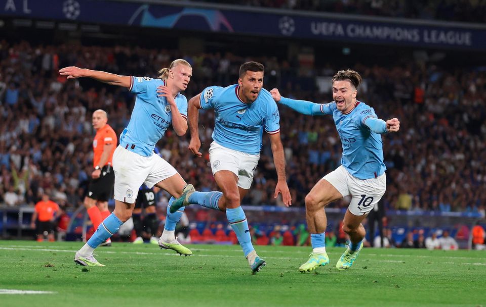 Rodri celebrates opening the scoring for Manchester City in the Champions League final against Inter Milan