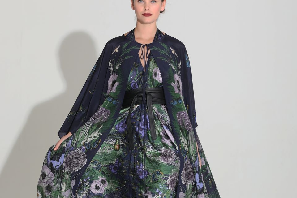 'Midnight in Bloom' crepe de chine cape, €795, and silk twill dress, €550, made to order from Éadach by Sara O'Neill. Photo: Sasko Lazarov
