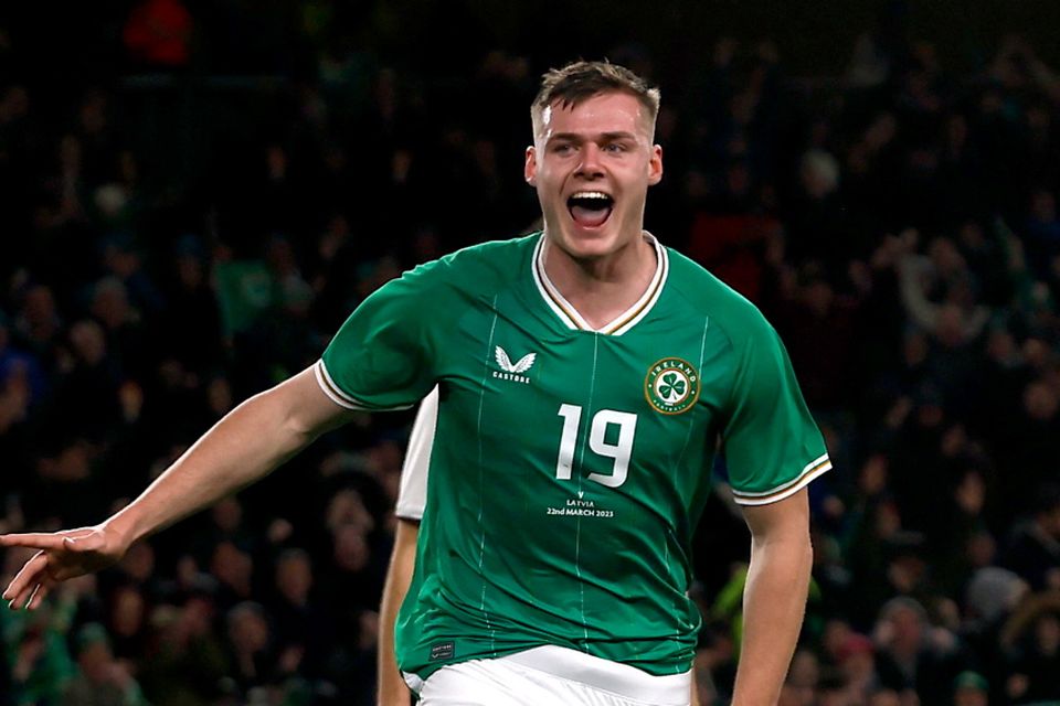 Evan Ferguson put Ireland 2-0 up early in the first half. REUTERS/Clodagh Kilcoyne