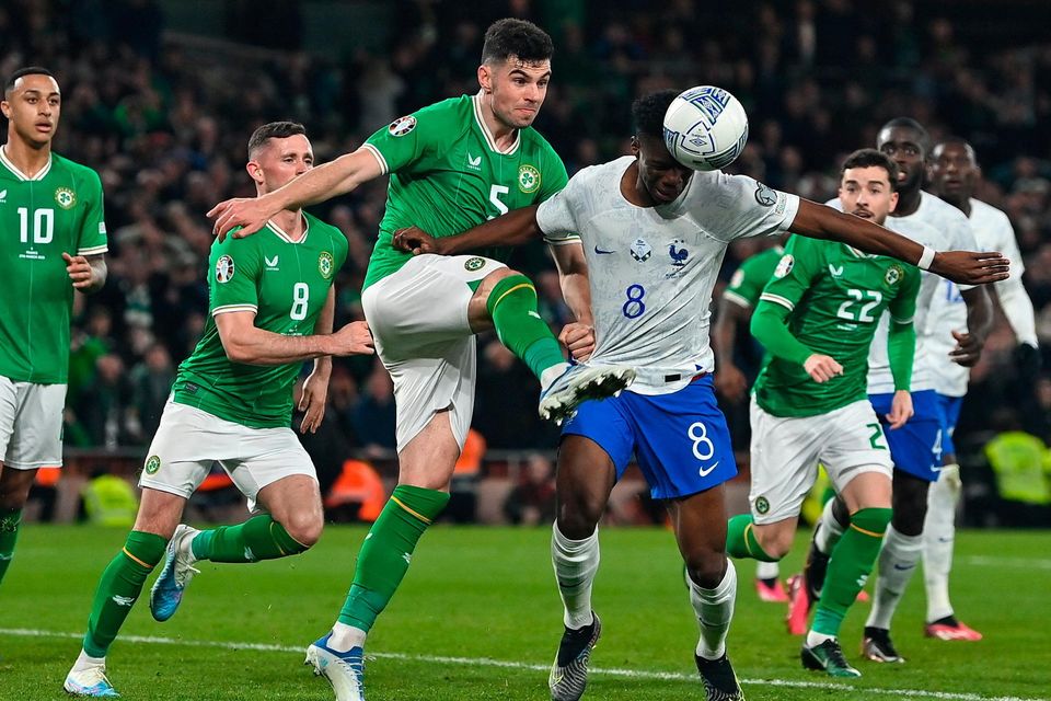 Aurélien Tchouameni of France in action against John Egan ofIreland during the Euro 2024 qualifier at Aviva Stadium in Dublin. Photo by Seb Daly/Sportsfile