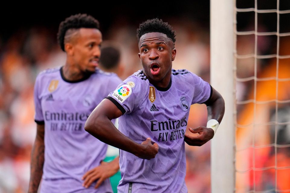 Vinicius Jr is pictured after being racially abused during the La Liga game against Valencia