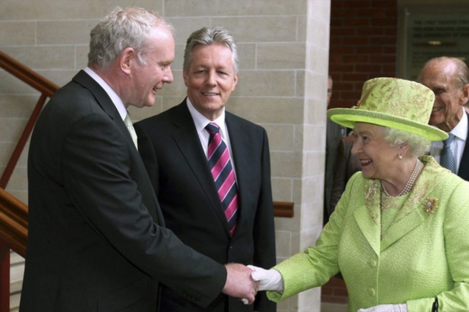June 27, 2012: Queen Elizabeth shakes hands with Northern Ireland deputy first minister Martin McGuinness at the Lyric Theatre in Belfast, Northern Ireland. Photo: Reuters