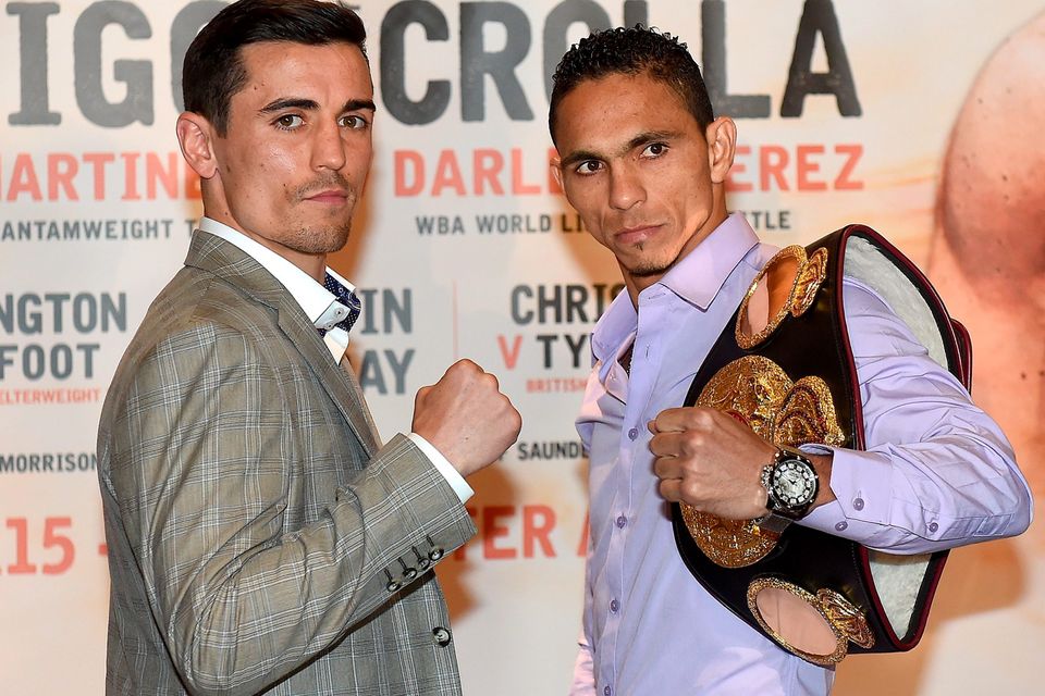 Anthony Crolla (left) head to head with Darleys Perez (right) during a press conference at the Grosvenor Casino, Manchester
