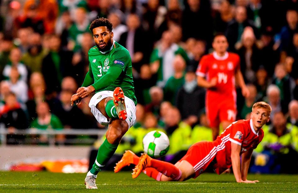Cyrus Christie of Republic of Ireland has a shot on goal for the Republic of Ireland against Wales at the Aviva Stadium in Dublin. Photo by Seb Daly/Sportsfile