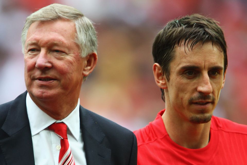 LONDON - AUGUST 10:  Sir Alex Ferguson manager of Manchester United (L) and captain Gary Neville look on prior to the FA Community Shield match between Manchester United and Portsmouth at Wembley Stadium on August 10, 2008 in London, England.  (Photo by Phil Cole/Getty Images)