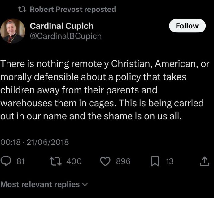 A retweet from the new pope on Donald Trump's first term policy of separating illegal immigrants and their children