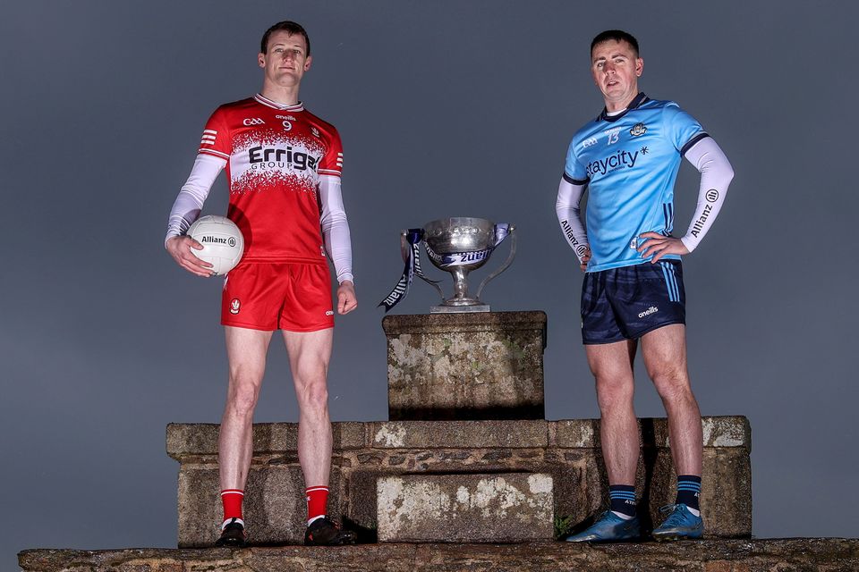 Derry's Brendan Rogers and Dublin's Cormac Costello at a media event ahead of Sunday's Allianz Football League Division 1 final. Photo: Dan Sheridan/Inpho