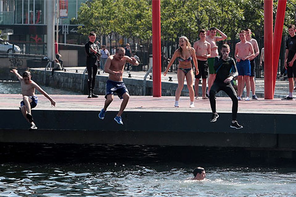 Teenagers enjoying the good weather at Grand Canal Dock in Dublin
