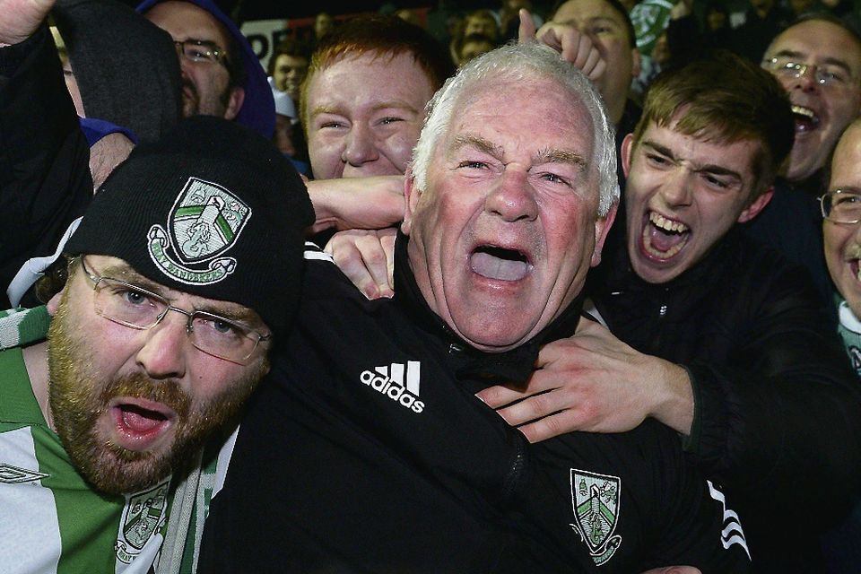 RELIEF: Bray Wanderers manager Pat Devlin celebrates with supporters after securing Premier Division status in Longford.