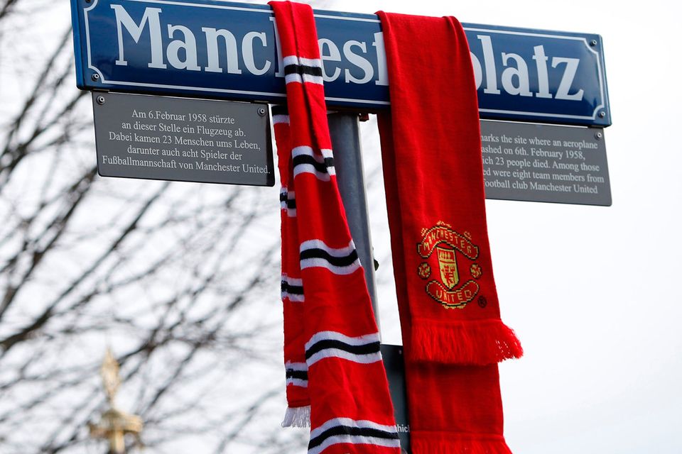 Street name 'Manchesterplatz' is pictured during a memorial service marking 60 years since Manchester United plane crash in Munich, Germany February 6, 2018.   REUTERS/Michaela Rehle