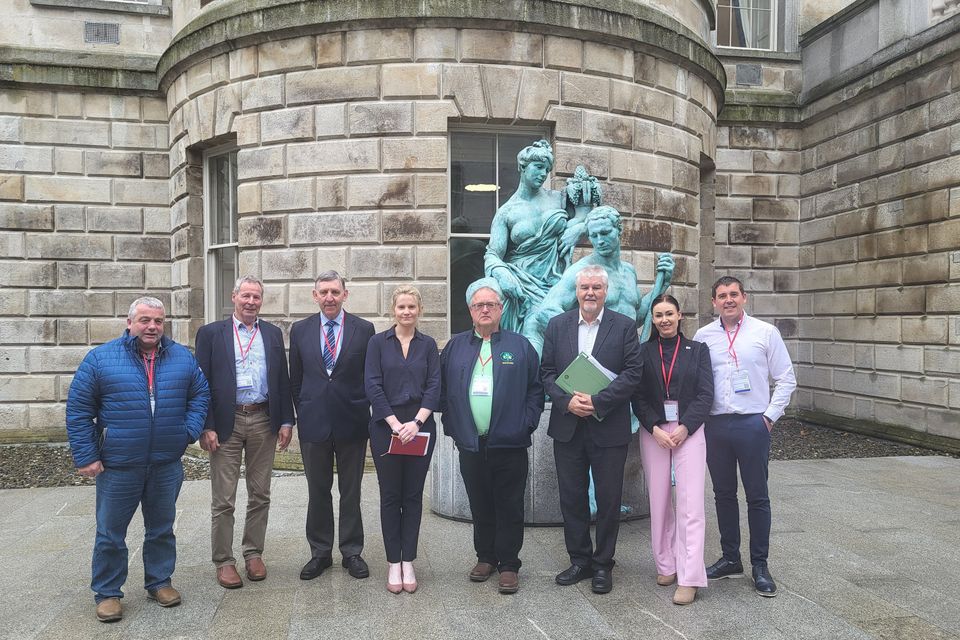 MJ Scallan, Tom Doyle, Liam O'Byrne and Jer O'Mahony from IFA Wexford. Claire Kerrane TD and spokesperson for agriculture, TD Johnny Mythen, Cllr Tom Forde and Aoife Rose O'Brien at Leinster House.