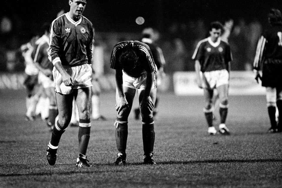 16 October 1991; Republic of Ireland's David O'Leary leaves the field in dejection after the game. UEFA Euro 1992 qualifying Group 7 match, Poland v Republic of Ireland, Stadion Miejski, Poznan, Poland (Ray McManus / SPORTSFILE)