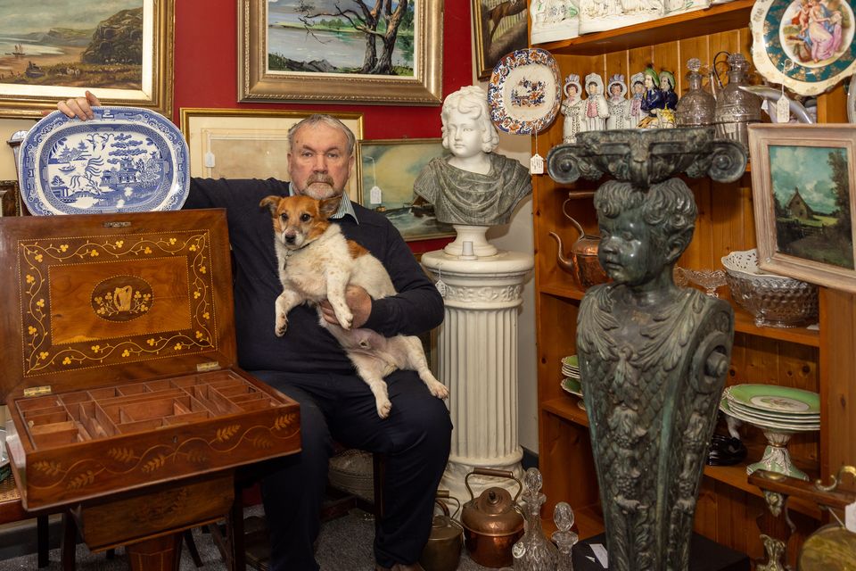 Pat O'Connor and his dog Sam at his antique shop. Photos by Tatyana McGough.
