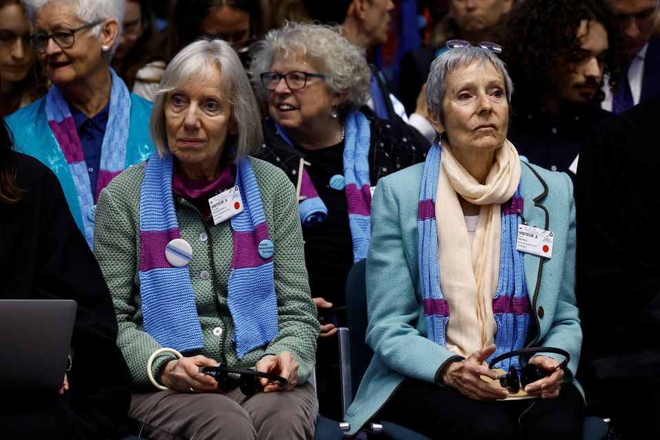 Rosmarie Wyder-Walti and Anne Mahrer, of the Swiss elderly women group Senior Women for Climate Protection, attend the hearing of the court in Strasbourg. Photo: Christian Hartmann/Reuters 