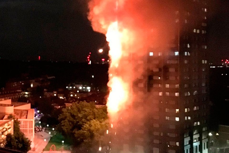 Picture taken with permission from the Twitter feed of Natalie_Oxford showing fire engulfing the 27-storey Grenfell Tower in west London.  PRESS ASSOCIATION Photo. Picture date: Wednesday June 14, 2017. See PA story FIRE Tower. Photo credit should read: Natalie_Oxford/PA Wire
