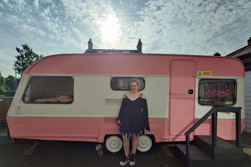 Katie outside the finished 'Glamvan'