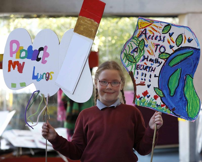 Lola Sue Caffrey (11) showing off her and a classmate’s banners for the rally. Pic: Mark Stedman
