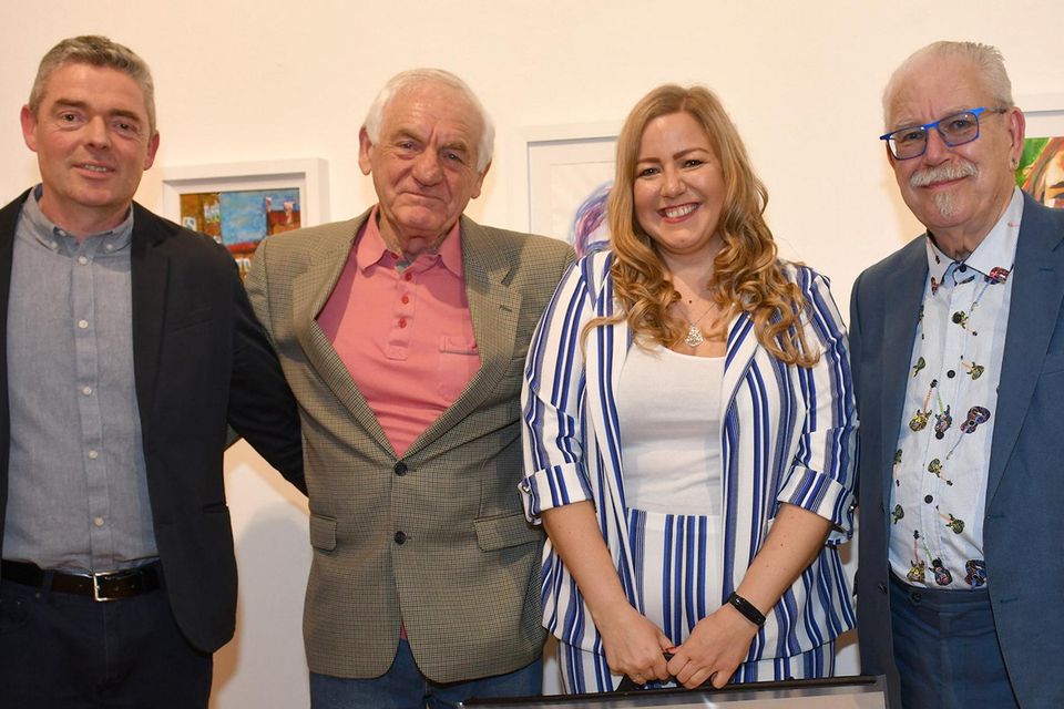 Alla Yakymenko, VTOS Dundalk who won 2nd place, PLC/VTOS, in the LMETB Robert Ballagh Art Competition pictured with Robert (right) Des Clinton and Paul McCann at the awards ceremony held in the Droichead Arts Centre. Photo: Ken Finegan/www.newspics.ie