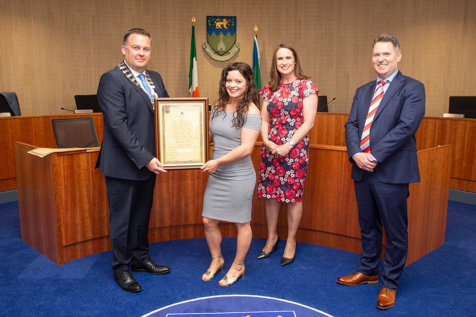 Cathaiorleach of the Wicklow Municipal District Paul O'Brien, CEO of Wicklow County Council Emer O' Gorman and Brian Gleeson present Sheena Doyle with the Cathaiorleach's Achievements and Contributions to Sport Award at a Civic Reception in Council Buildings, Wicklow town.