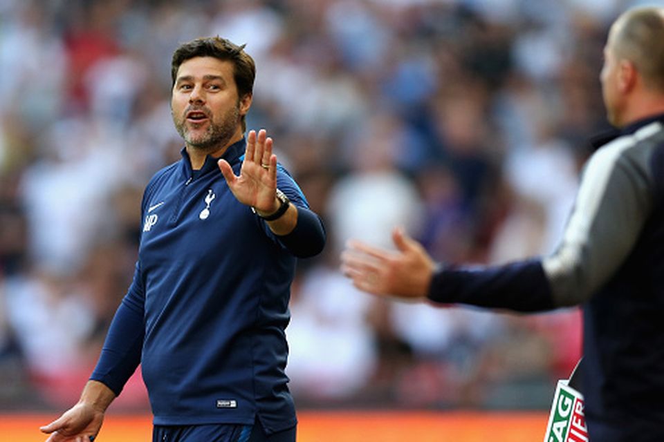 Mauricio Pochettino, Manager of Tottenham Hotspur reacts during the Premier League match between Tottenham Hotspur and Burnley at Wembley Stadium on August 27, 2017 in London, England.  (Photo by Tottenham Hotspur FC/Tottenham Hotspur FC via Getty Images)