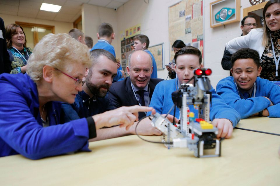 P-Tech launch: Deirdre Butler, DCU professor of digital learning, Ross Maguire, of the Learn It Lego Innovation Studio at DCU, and Virgin Media Ireland CEO Tony Hanway with St Joseph’s CBS Fairview students David Lawless and Christian Elliot. Photo: Iain White