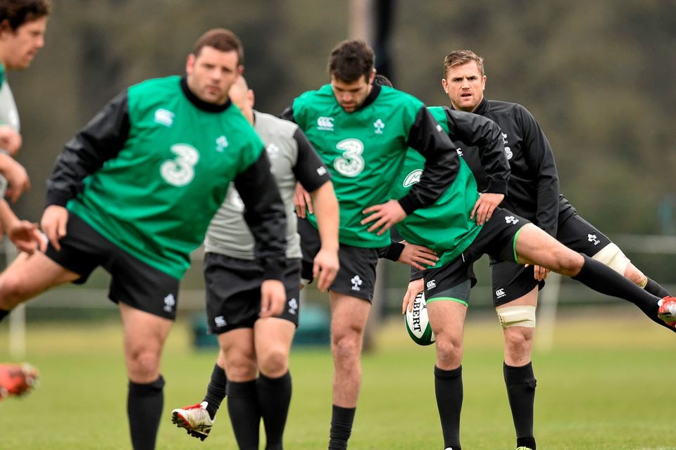 Ireland's Jamie Heaslip, extreme right, during a squad training session ahead of their RBS Six Nations Rugby Championship game against France in the Aviva Stadium
