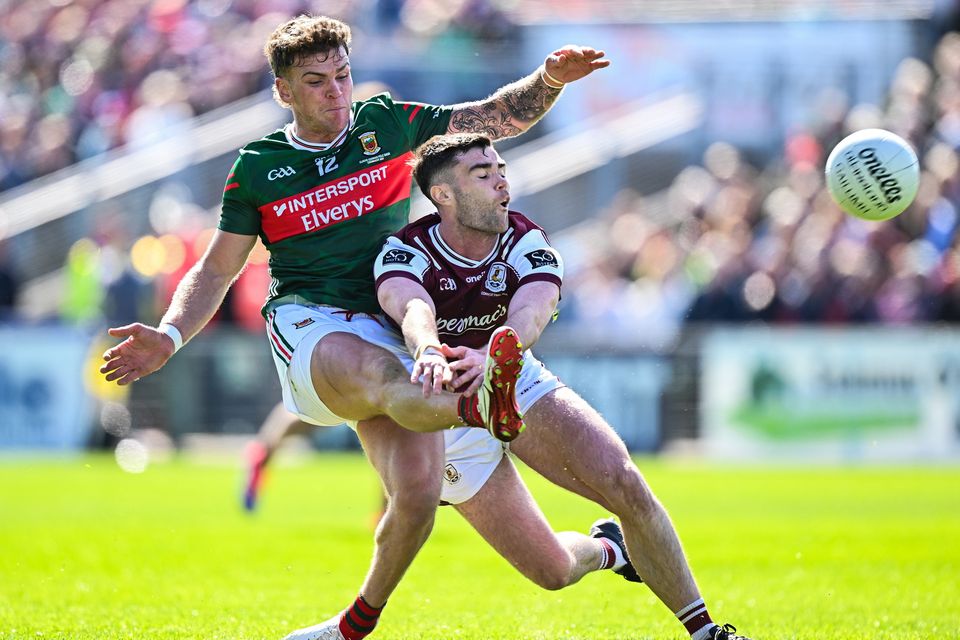 Jordan Flynn of Mayo in action against Galway’s Seán Mulkerrin during the Connacht SFC final at MacHale Park in Castlebar. Photo: Seb Daly/Sportsfile
