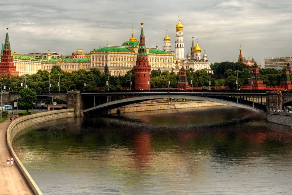 The Kremlin as seen from the banks of the Moskva River in Moscow. Stock image