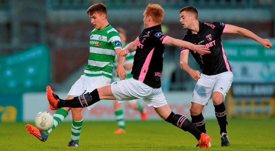 Sean Boyd of Shamrock Rovers in action against Stephen Last, centre, and Craig McCabe of Wexford Youths. Photo: Eóin Noonan/Sportsfile