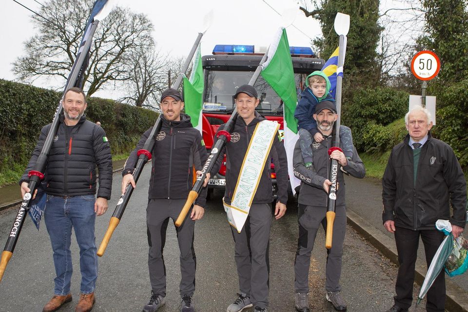 The 'Rowhardorgohome' team with Rathdrum St Patrick's Day Parade chairman Jimmy O'Shaughnessy. Photos: Michael Kelly