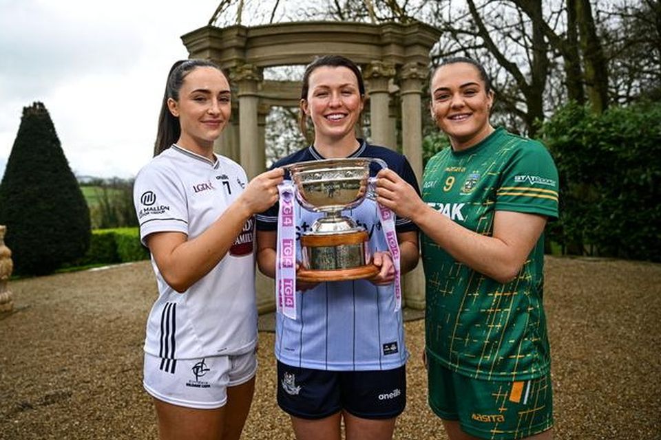 Senior ladies footballers (from left) Laoise Lenehan of Kildare, Dublin's Leah Caffrey and Niamh Gallogly of Meath attending the launch of this year's Leinster LGFA Championships at Killashee Hotel in Naas. Photo: Ramsey Cardy/Sportsfile.