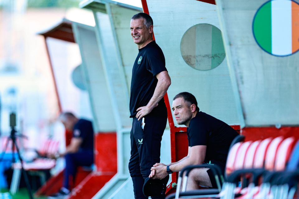 Republic of Ireland U-21 manager Jim Crawford, left, looks on from the dugout, alongside coach Stephen Rice, before the recent U-21 international friendly against Croatia at Gradski Stadion in Zagreb, Croatia. Photo: Gerry Scully/Sportsfile