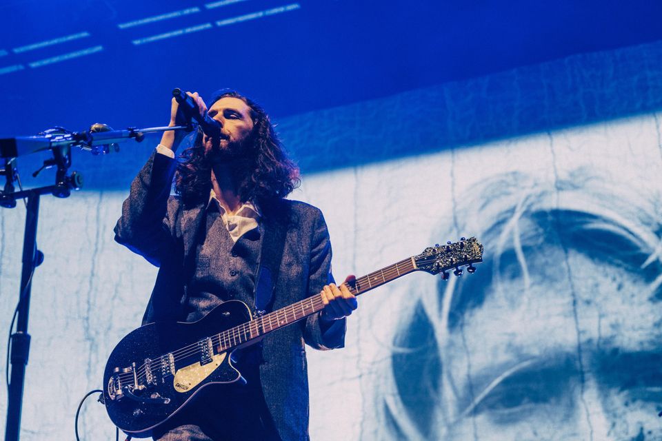 Like a Pre-Raphaelite artist in a modern suit and white runners. Hozier (above) with Domnhall Gleeson rising up behind at the 3Arena in Dublin. Photo: Ruth Medjber