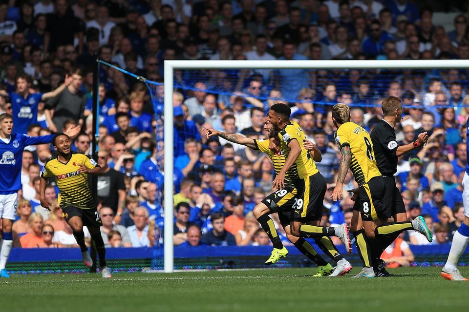 Watford celebrate Miguel Layun's opener on an encouraging afternoon at Everton