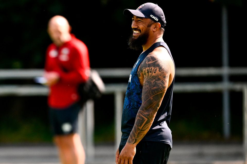 Bundee Aki during Lions training at the UCD Bowl - his battle with Sione Tuipulotu for the No 12 jersey is set to be box-office. Photo: Ramsey Cardy/Sportsfile
