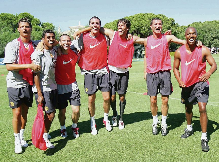 Keane training with Cristiano Ronaldo, Kleberson, Liam Miller, John O'Shea, Ruud Van Nistelrooy and Quinton Fortune