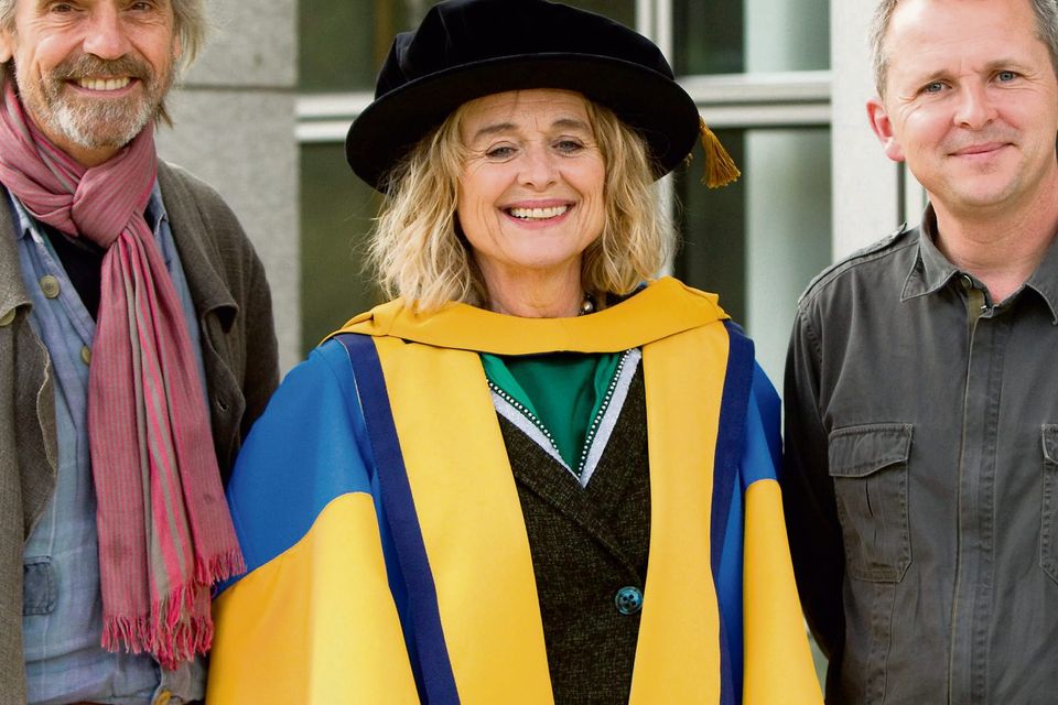 Jeremy Irons, Sinead Cusack and Richard Boyd Barret pictured in UCD where Sinead recieved an Honorary Degree of Doctor of Literature.  Picture;  GERRY MOONEY.   15/6/13