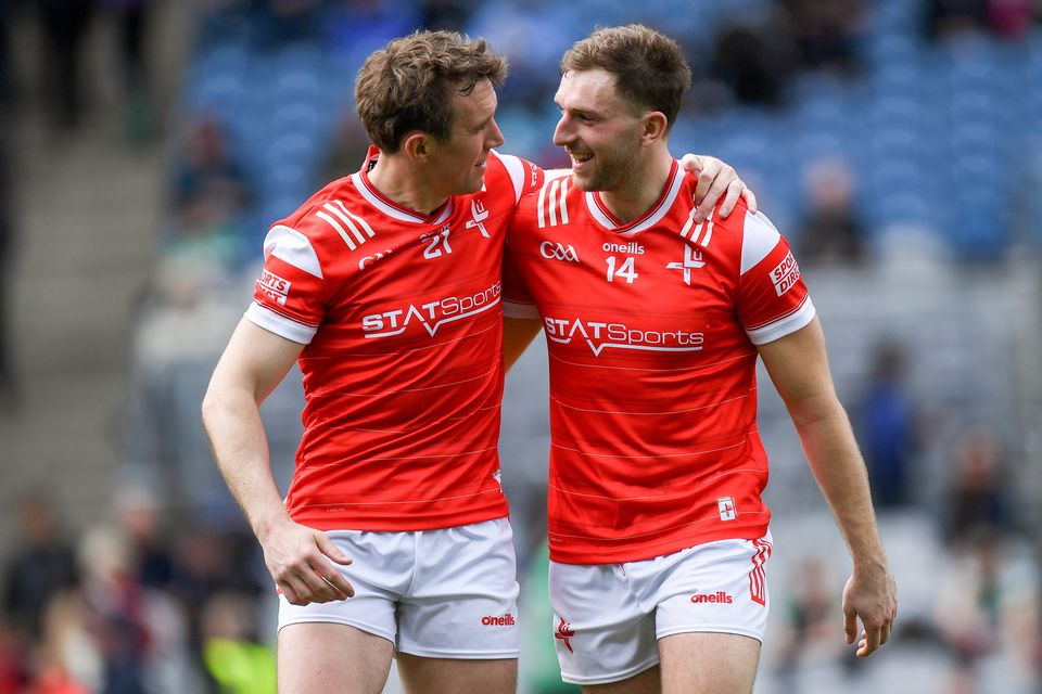 Louth's Bevan Duffy and Sam Mulroy celebrate Sunday's Leinster semi-final victory over Kildare.