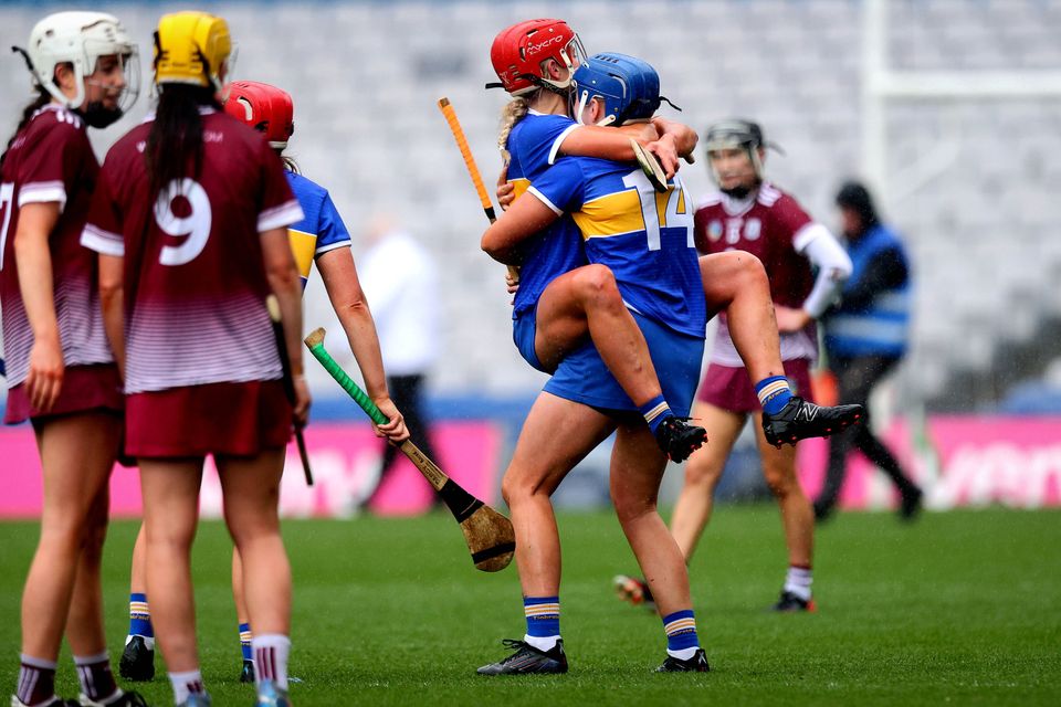 Tipperary’s Karen Kennedy and Eimear McGrath celebrate at the final whistle. Photo: Ryan Byrne/Inpho