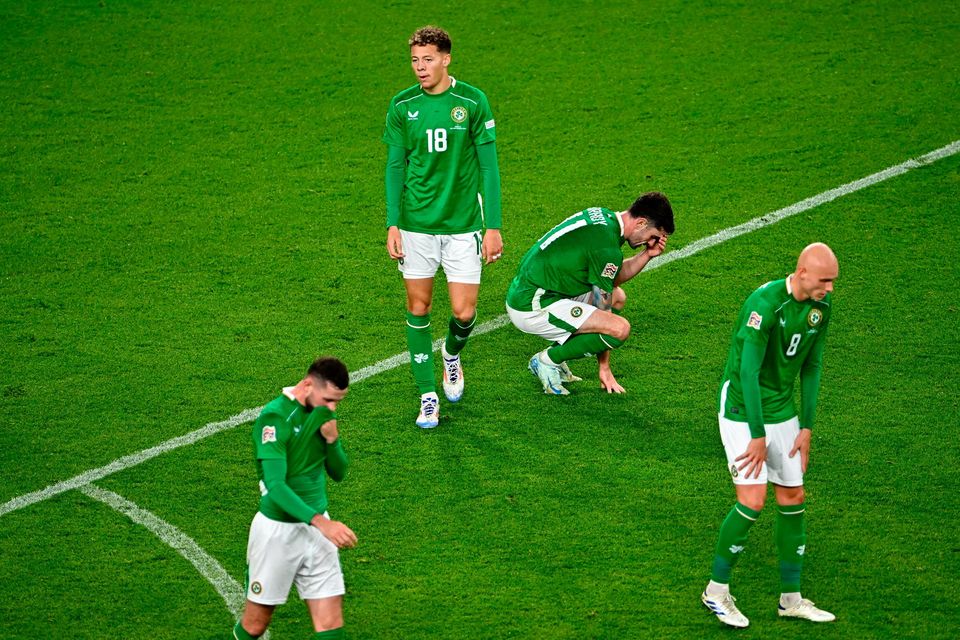 Alan Browne, Kasey McAteer, Robbie Brady and Will Smallbone after Ireland's defeat in the Uefa Nations League match against Greece at the Aviva Stadium in Dublin