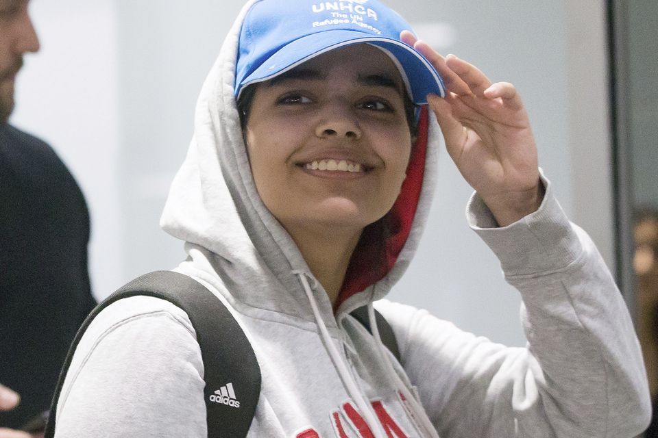Rahaf Mohammed Alqunun, 18, as she arrived at Toronto Pearson International Airport (Chris Young/The Canadian Press via AP)