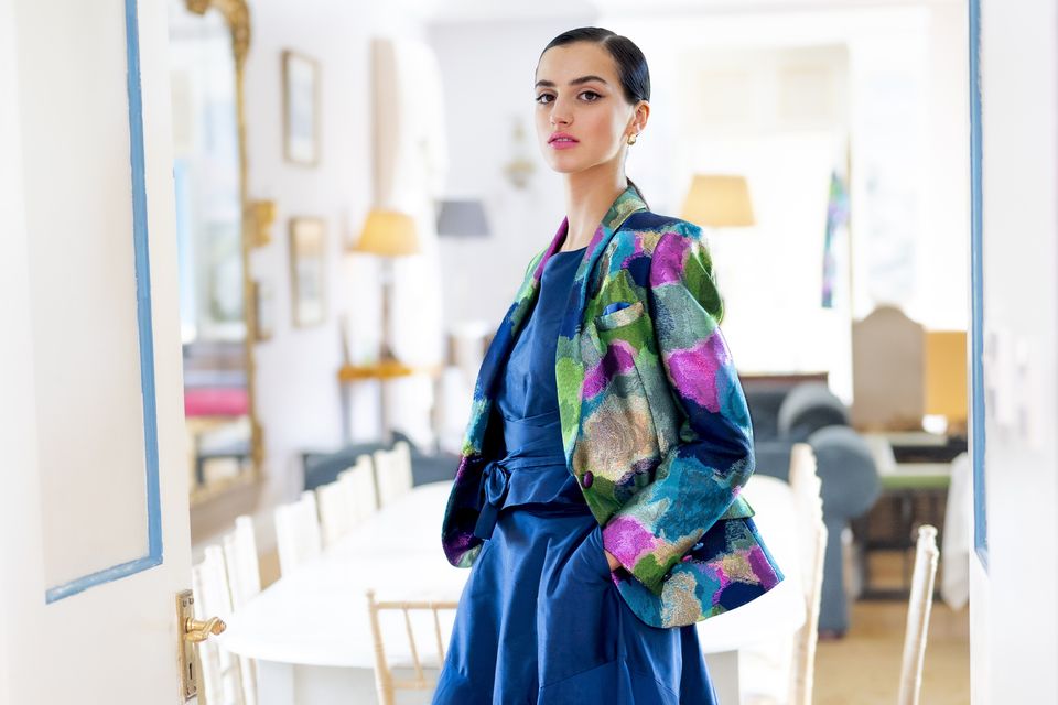 The tuxedo jacket worn over silk top (€350) and skirt (€600). Picture: Patrick McHugh