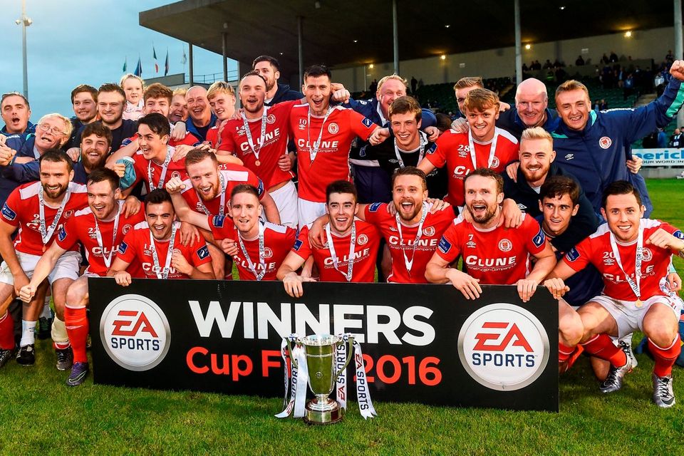 St Patrick’s Athletic players celebrate after their EA Sports Cup final win over Limerick at Markets Field.  Photo by David Maher/Sportsfile
