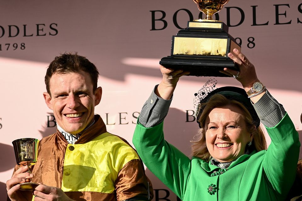 Winning owner Audrey Turley, with the Gold Cup, and jockey Paul Townend after winning the Cheltenham Gold Cup Chase last March. Photo: Harry Murphy/Sportsfile