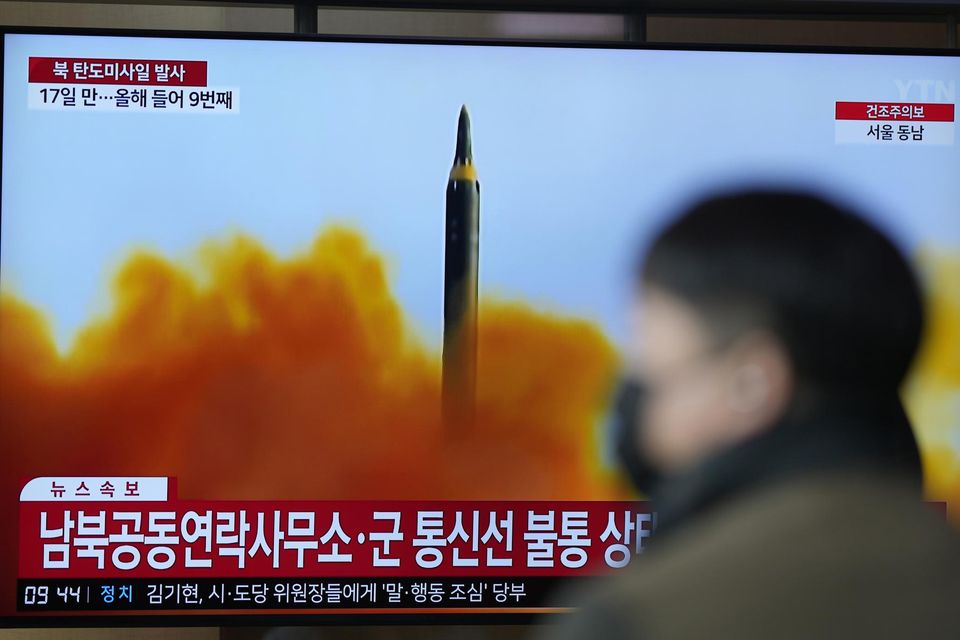North Korea on Thursday conducted its first intercontinental ballistic missile (ICBM) launch in a month, possibly testing a new type of more mobile, harder-to-detect weapons system. A TV screen is seen reporting North Korea’s missile launch with file footage during a news program at the Seoul Railway Station in Seoul, South Korea, Thursday, April 13, 2023. (Lee Jin-man, AP Photo)