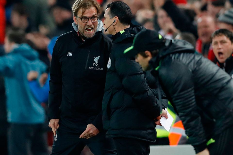 Liverpool manager Jurgen Klopp remonstrates with the fourth official