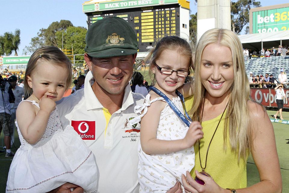 Australia's Ricky Ponting with his wife Rianna and daughters Emmy, second right, and Matisse pose for a photo after South Africa's win in the third cricket test match in Perth, Australia. Photo: AP