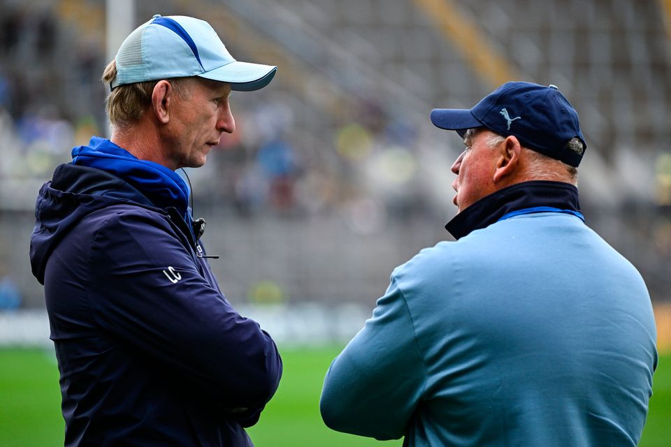 Leinster head coach Leo Cullen, left, in conversation with Bulls head coach Jake White at Croke Park in Dublin. Photo by Brendan Moran/Sportsfile